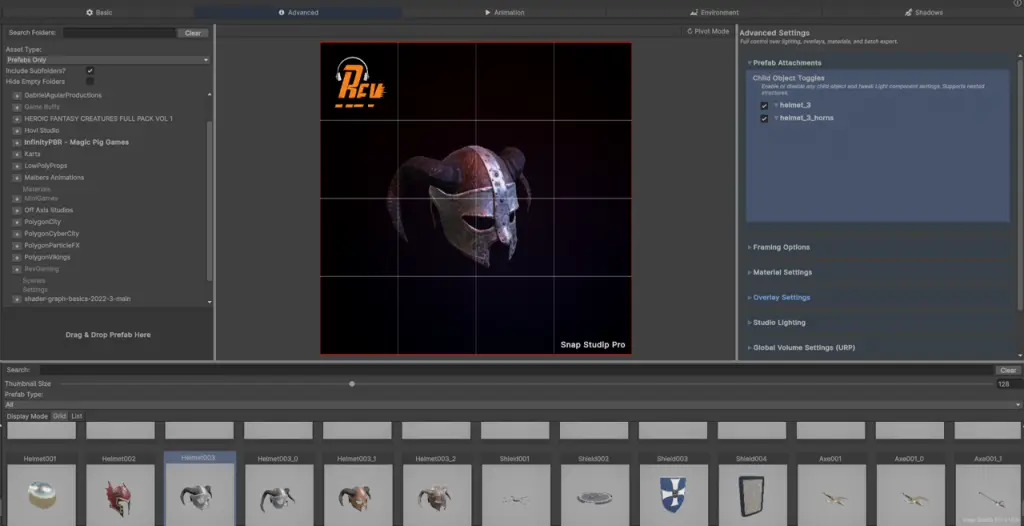 Snap Studio Pro Advanced tab with overlay tools, prefab attachment toggles, lighting presets, and post-processing integration