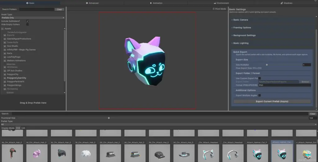 Snap Studio Pro Core tab showing auto-framing, live preview UI, rotation tools, and one-click export for Unity prefabs