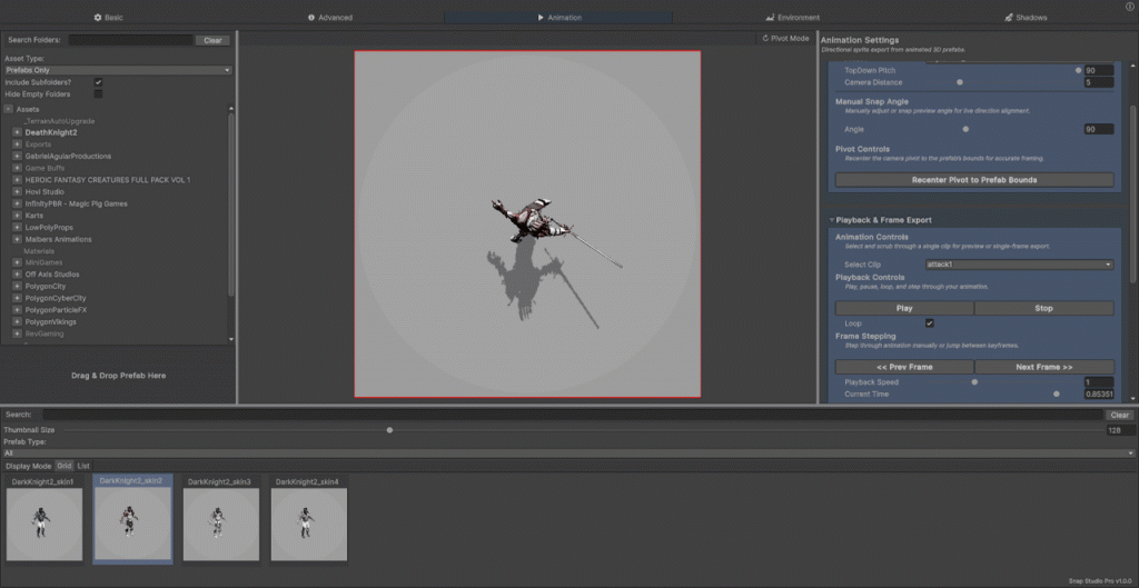 Snap Studio Pro Shadow tab capturing separate stylized shadows from Unity prefabs with transparency and softness control