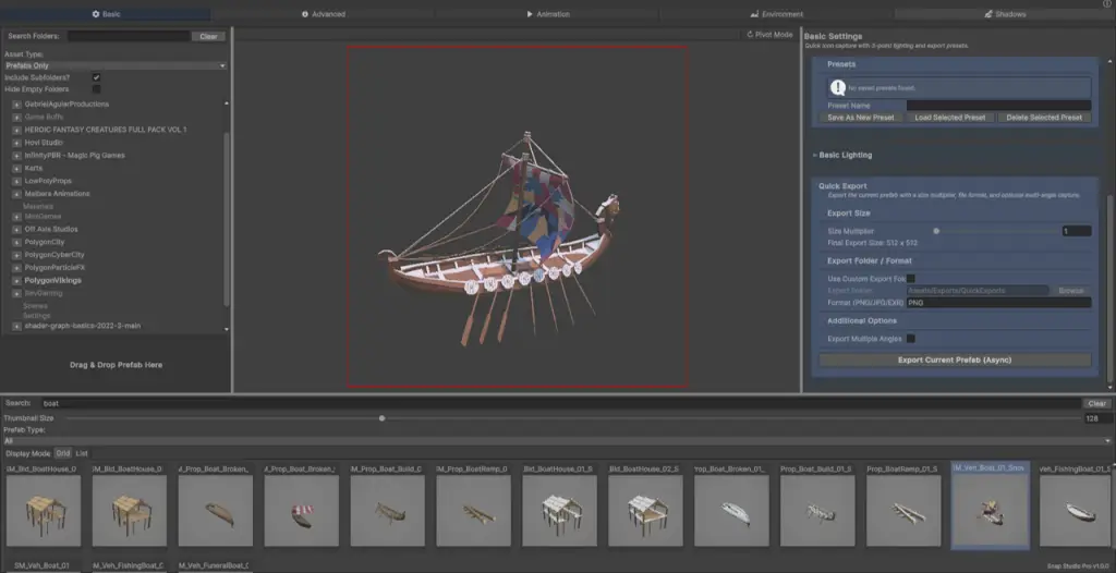 Snap Studio Pro Environment tab showing framing tools for large props, reference prefab support, and rotation controls