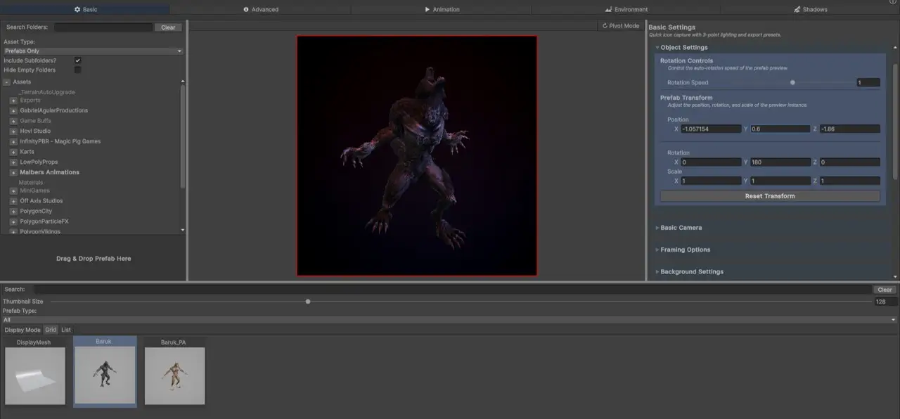 Snap Studio Pro Animation tab capturing Unity prefab animations with directional export, spritesheets, and GIF support