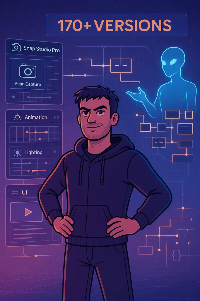 Cartoon illustration of Snap Studio Pro developer collaborating with AI to build Unity tools, highlighting animation, lighting, and prefab capture features